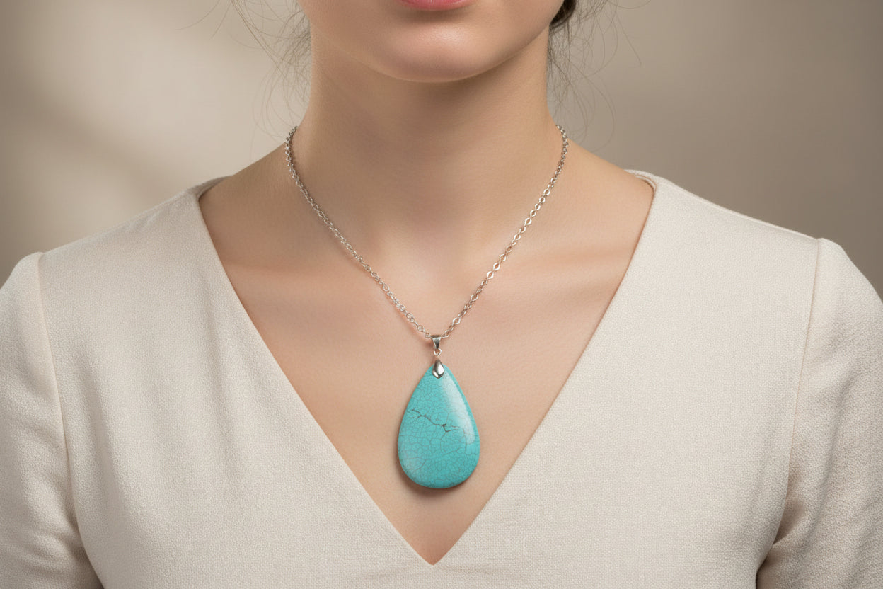 Blue Stone Pendant Necklace – Silver-Plated Chain