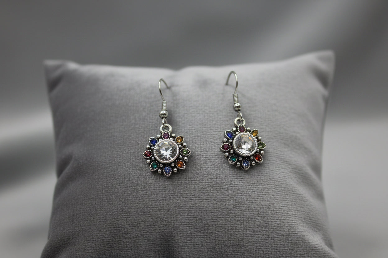Multi-Color Glass Dangle Earrings – Silver-Tone Statement Jewelry