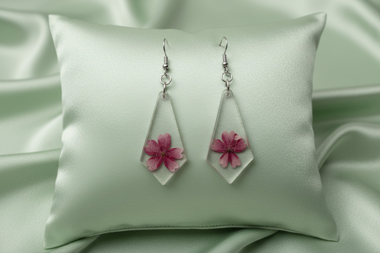 Pressed Pink Flower Resin Earrings – Handmade Botanical Jewelry
