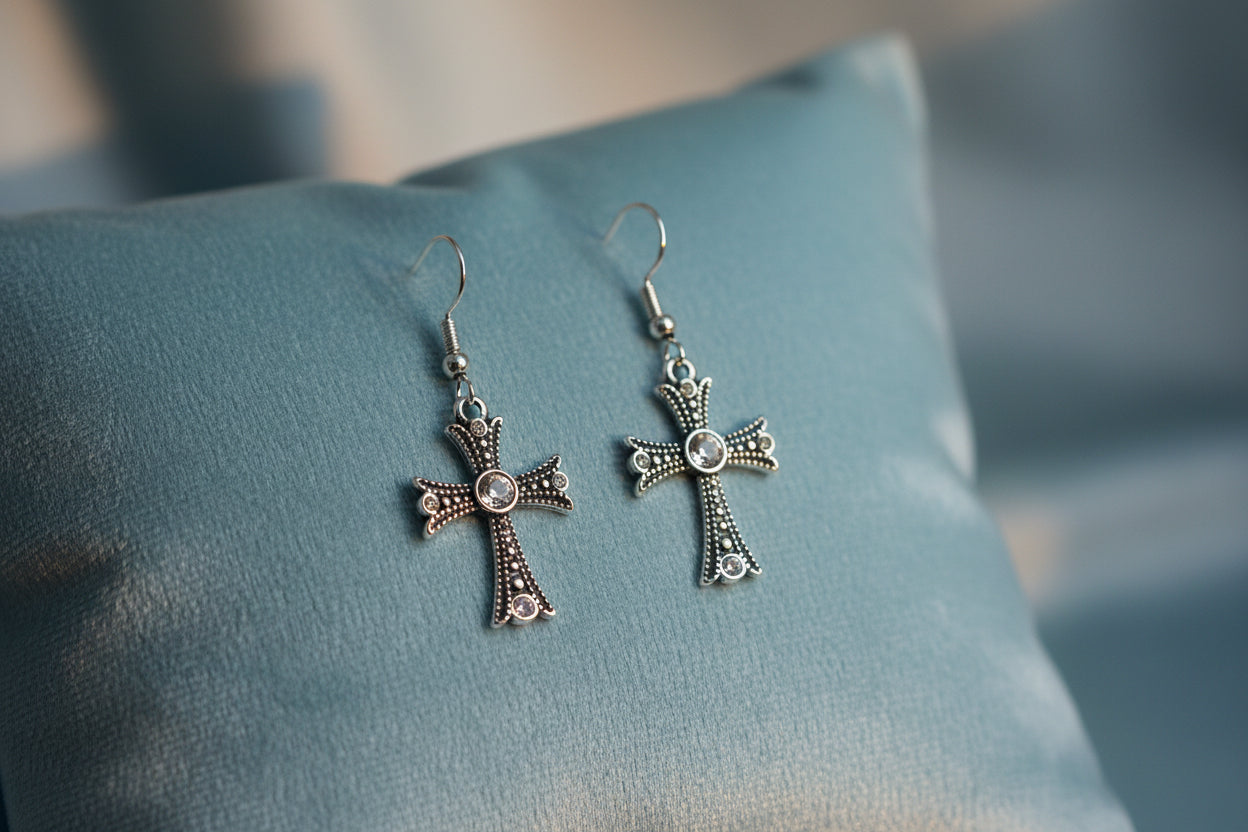 Silver Cross & Glass Crystal Earrings