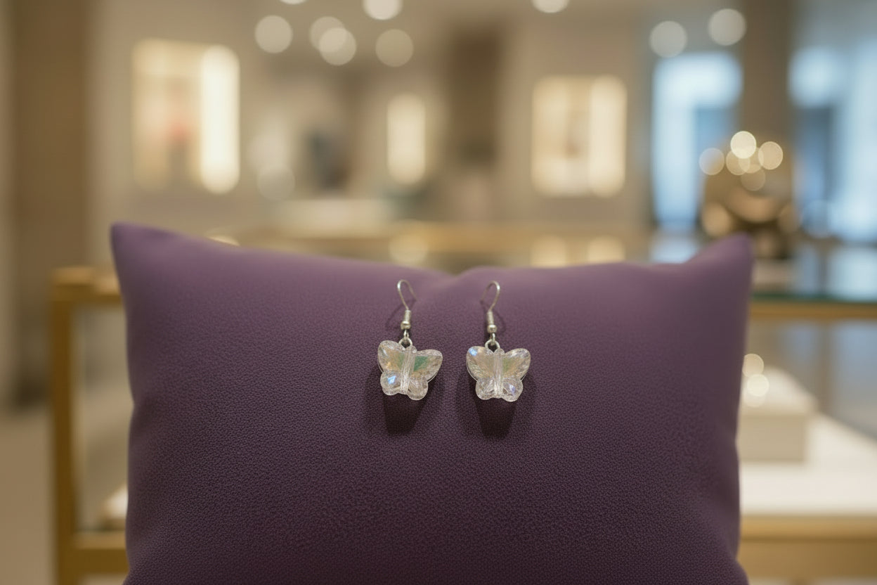 Crystal Aurora Borealis Butterfly Earrings – Silver Tone