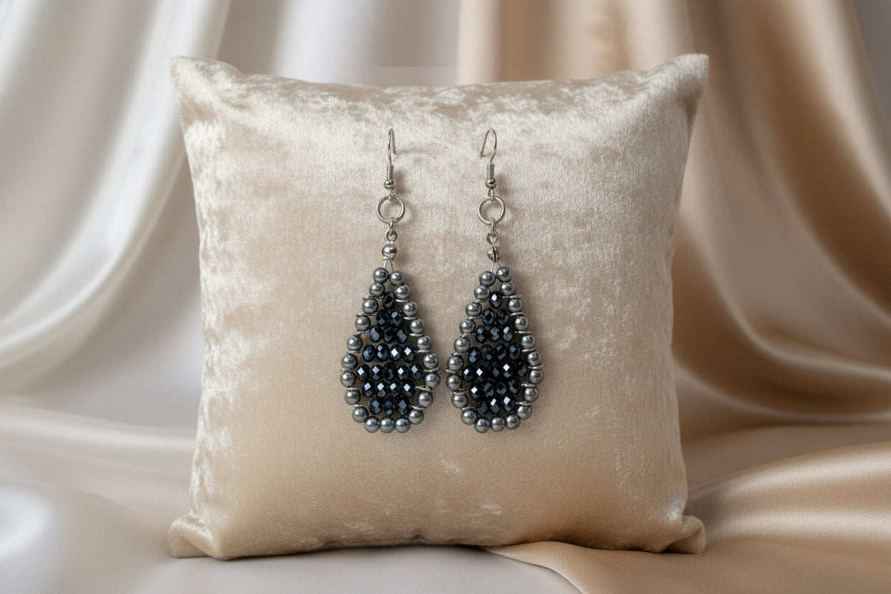 Gray & Dark Blue Beaded Dangle Earrings – Silver-Tone Women's Jewelry