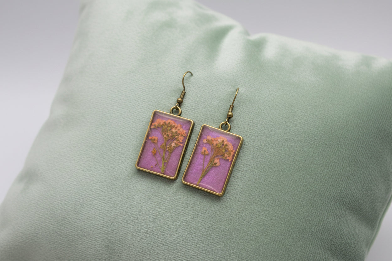 Pressed Pink Flower Resin Earrings – Magenta Background